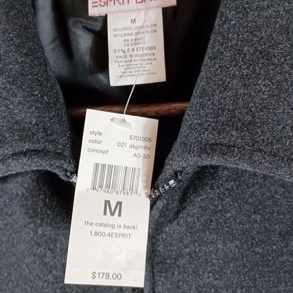 NWT $178 Esprit Basix Wool Blend Jacket M Dark Gray Vintage Y2K Zip Front Coat - Picture 7 of 8